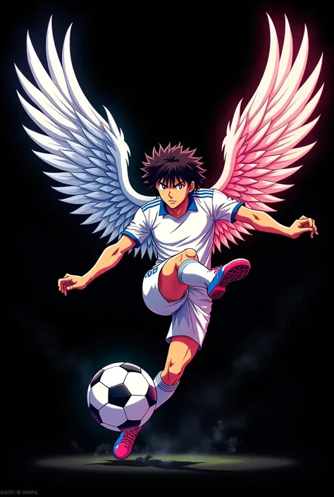 Small image with black background of Captain Subasa with wings kicking a Champions League ball