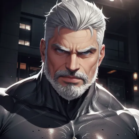 a muscular man, quiff hairstyle, gray hair, gray mustache, gray beard, venom symbiote, large white spider logo on symbiote, hand...