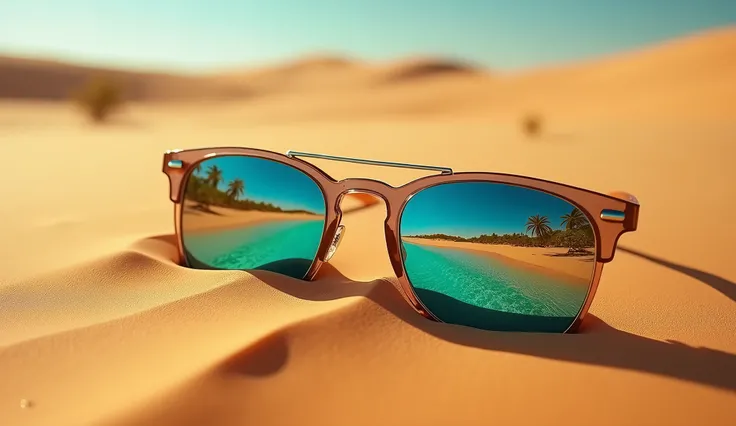 A cinematic scene set in a vast, barren desert where a pair of sunglasses is partially buried in the sand. Reflected in the lenses is a lush oasis with palm trees and a shimmering lagoon, while all around the desert is hot and desolate. The camera slowly z...