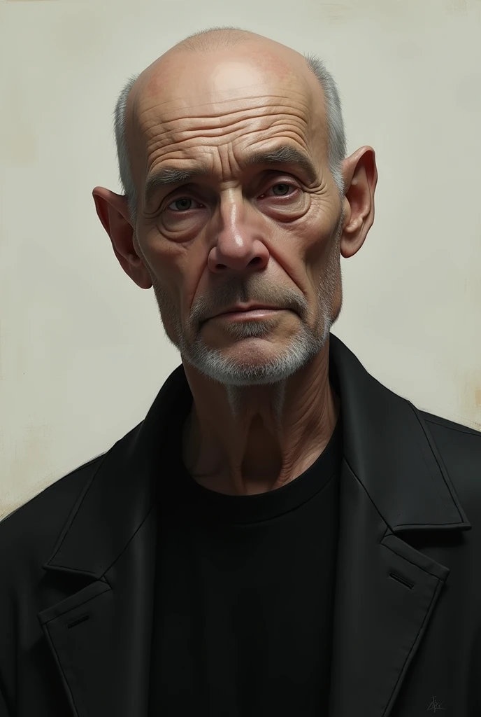 Half-bent bald old man with a thin forehead and a black jacket and black shirt without a beard 
