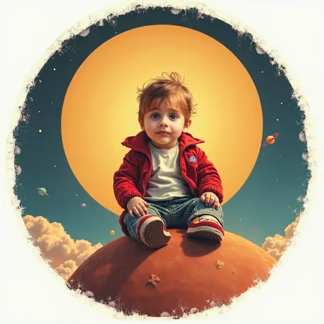 A stunning vintage print featuring a baby as a central focal point of the composition, in front of a circular background. He is sitting on a tiny planet in open space. His simple shirts and stylish jacket add to his carefree and adventurous persona. The co...