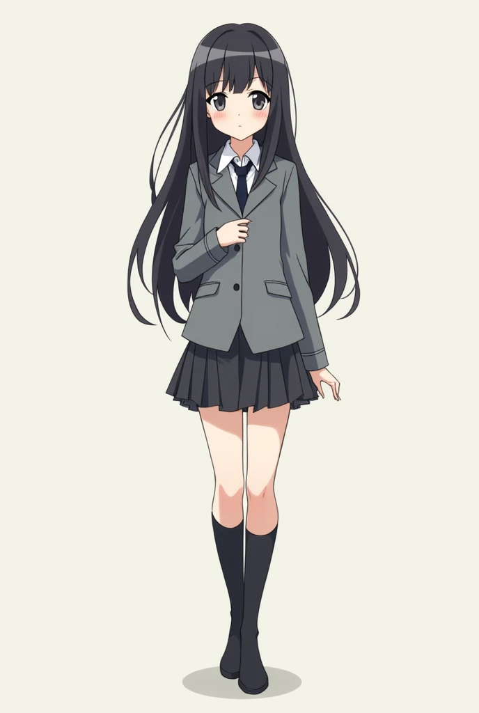 
girl gray uniform long black hair full body anime style