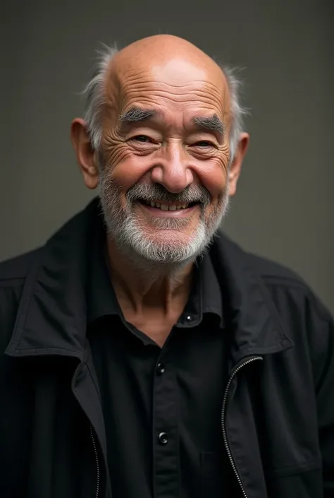 Half-bent bald old man with thin forehead and black jacket and black shirt without beard with gapped teeth smiling

