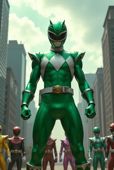 A Green Ninja Power Ranger, accompanied by a team of Rangers of various colors 