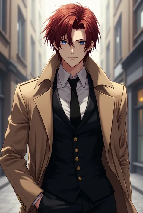 I want you to make a very realistic male anime character, with black suit and beige trench coat, dark reddish brown hair color, medium long hair and combed, very dull crystal blue eye color, standing facing forward and looking straight ahead, must have a c...