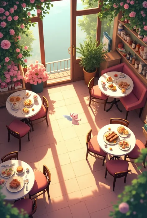 Digital art cosy anime café perspective from above cute some food no people flowers interesting composition some round tables retro style flowers also coming in from the left and right of the image floeers also ob the table more interesting chairs but stil...