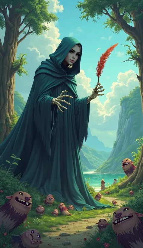 The island of Perpetual tickling. A tickle grim reaper holding a feather