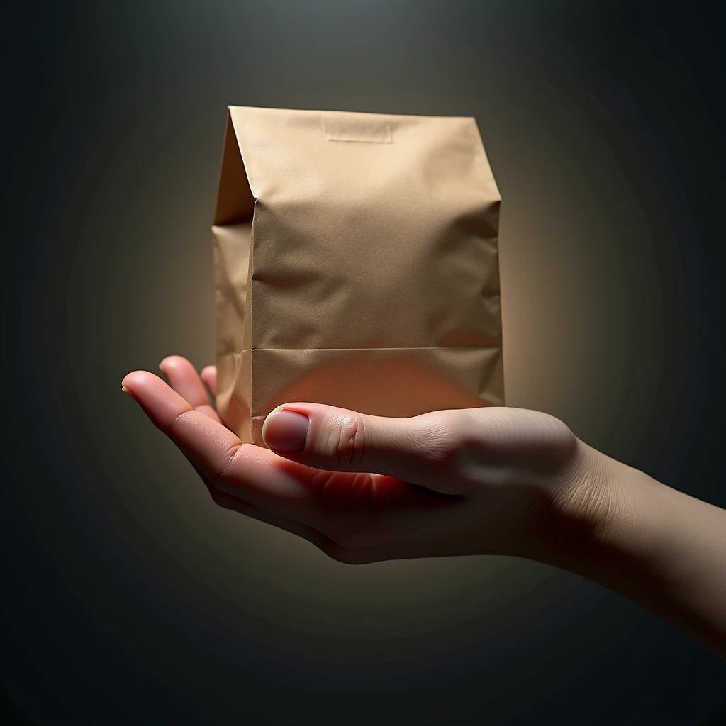 Kraft paper bag with light behind , with hand holder, phot from future  show product High Resolution, Anatomically Correct, Best Quality, Detail, Retina, Textured Skin, 