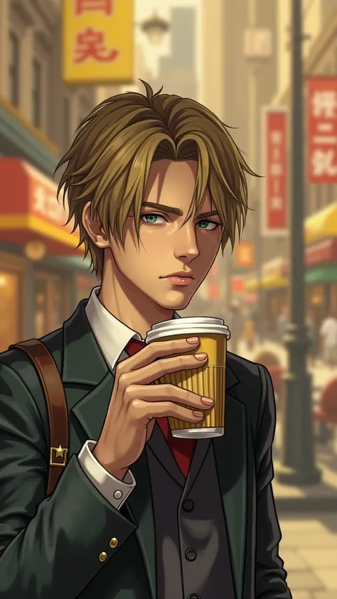 ((ultra detailed, masterpiece, best quality)),
RE4Leon, 1boy, solo, blonde hair, Within a bustling city square, business-casual attire, surrounded by urban life, confidently strolling with a coffee cup in hand