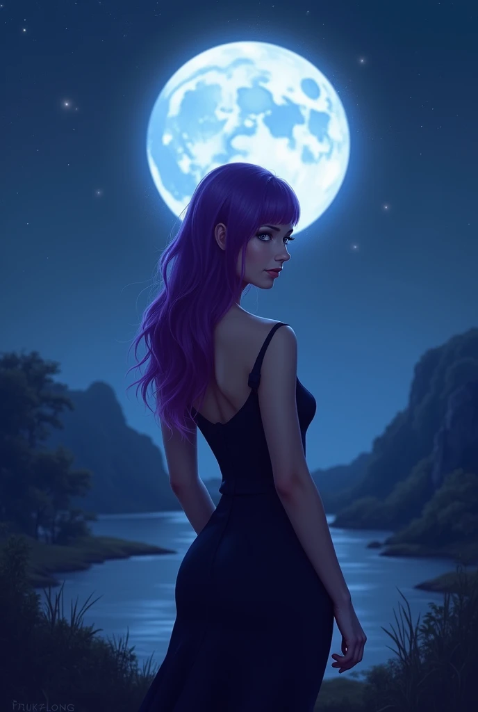 A modern young woman with purple hair under the moonlight 
