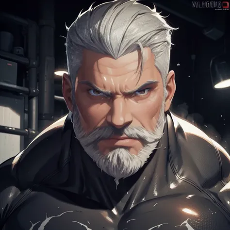 a muscular man, quiff hairstyle, gray hair, gray mustache, gray beard, venom symbiote, large white spider logo on symbiote, hand...