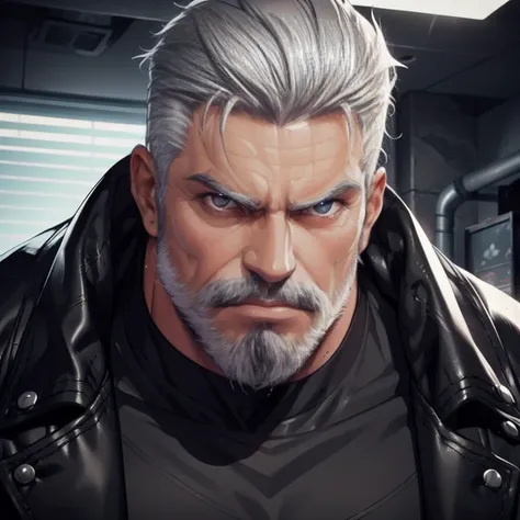 a muscular man, quiff hairstyle, gray hair, gray mustache, gray beard, venom symbiote, large white spider logo on symbiote, hand...