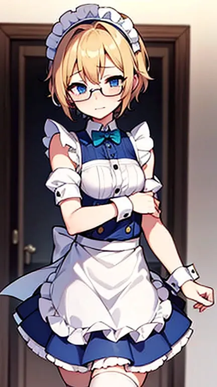 embarrassed femboy with short blonde hair, blue eyes, glasses in maid outfit with bulge in skirt