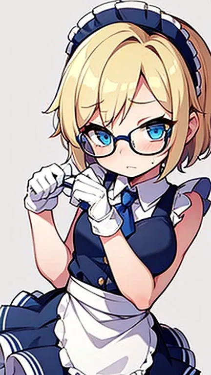 embarrassed femboy with short blonde hair, blue eyes, glasses in maid outfit bending over