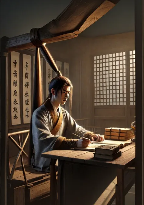 This picture depicts a scene of a young scholar during the Spring and Autumn Period and the Warring States Period，His long hair hung from the beam to prevent him from falling asleep。I hope this picture is more in line with your requirements！If there are an...