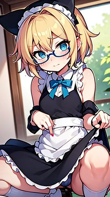 Embarrassed Femboy with short blonde hair, blue eyes, glasses in maid outfit accidentally revealing penis