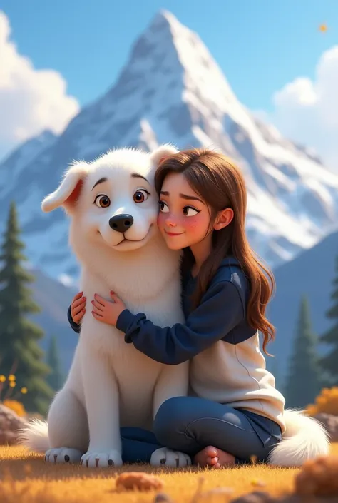 Pixar poster of a large adult white furry dog with his ears down and a young woman hugging the dog of the young woman with long straight brown hair, freckles, light brown eyes wearing a black sweatshirt and a white and blue sweatshirt. With a mountain in t...