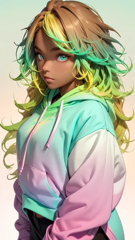 1girl, solo, solo focus, cowboy shot, portrait, oversized hoodie, aqua green and white hoodie, half aqua, half green, ((brown hair)), (yellow hair), (gradient hair :1.5), curly hair, ((pink eyes)), hyperdetailed eyes, tan, (caramel dark skin:1.1), best qua...