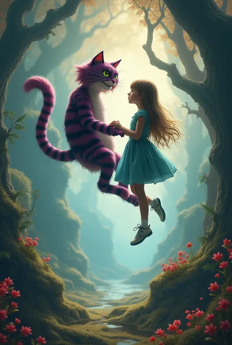 Alice in wonderland cat looking at a girl, make unreal perspective, make them flying together