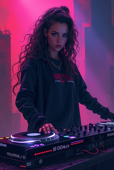 create a poster to be used on soundcloud, with the name m1l4_X, the concept is abstract, with DJ and music elements, the spotlights are in black and purple colors, the dj is a woman with long hair, curly and common left side cut hairstyle. 