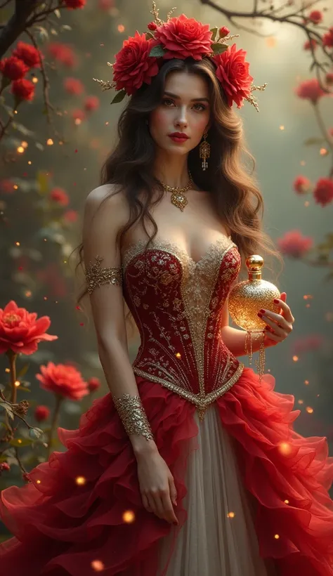 Create a photo of a mature brunette woman, with long hair, brown, wavy, olho brown, in a red and silver princess dress with a crown of red flowers on her head in an enchanted garden with fireflies and red flowers holding a golden crystal perfume in her han...