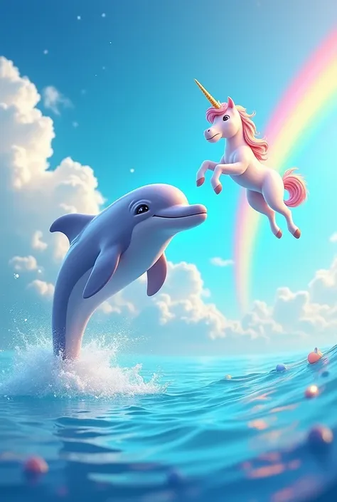 Generates an image of a dolphin jumping happily in the clear blue water. The dolphin has soft, shiny skin that reflects the sun.. Behind him, There is a bright rainbow stretching across the sky. A unicorn with a shiny golden horn and a pastel-colored mane ...