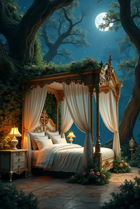 in the forest。Gorgeous rococo bedroom。A beautiful and fantastical world with twinkling stars in the night sky。unmanned