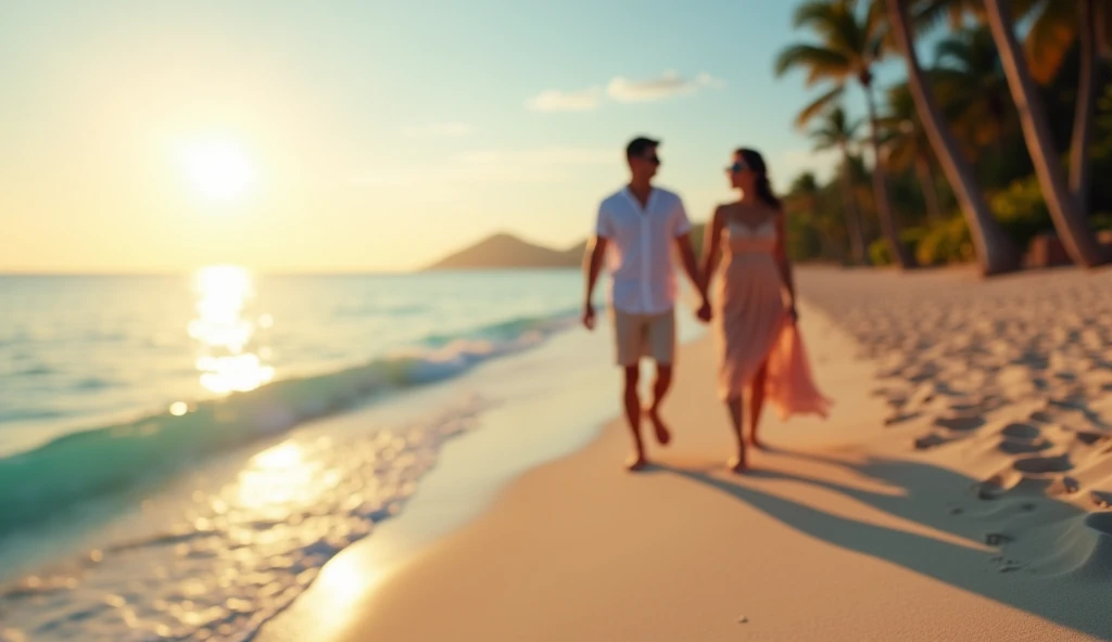 A hyper-realistic 64k resolution romantic scene on a paradisiacal beach at dawn. A couple is walking hand in hand along the shoreline, wearing stylish sunglasses and light summer clothing. The camera performs a close-up of the sunglasses as they walk, capt...