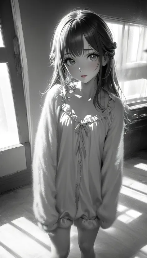 monochrome, pencil drawing, cute teen, standing by the window, beauty eyes, glossy silky half-up hair, amorous and lewd expression, make up, wearing loose and fluffy cute girly loungewear, perfect proportions, delicate and dynamic textures, contrasts of li...