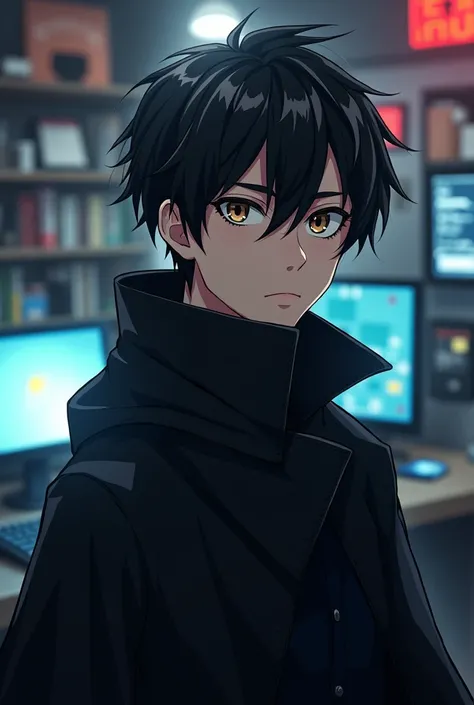 Black hair styled skillfully, hazel eyes, cat eye, anime, young adult, serious, cool, handsome, black shadow ranger cloak, spy, computer shop background, mystery,     