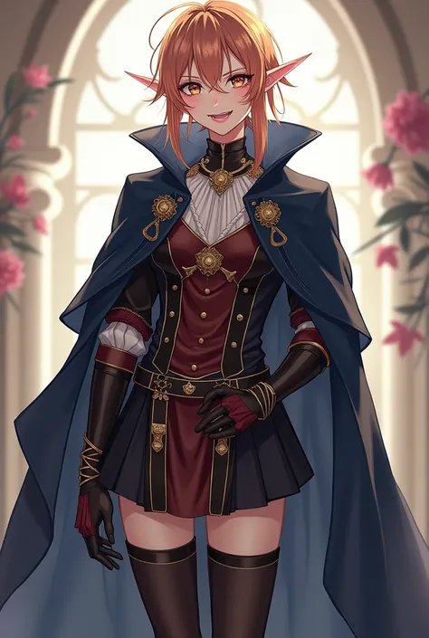 a femboy man wearing sophisticated medieval clothing, a reasonably short skirt with thigh-length tights, wears high boots and a dark blue cape, her hair is styled with a center fringe and side strands,It is reasonably long and the color is reddish beige, h...