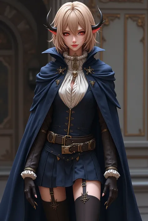 a femboy man wearing sophisticated medieval clothing, a short skirt with thigh-high tights, wears high boots and a dark blue cape, her hair is styled with a center fringe and side strands,It is reasonably long and the color is reddish beige, has sharp cani...