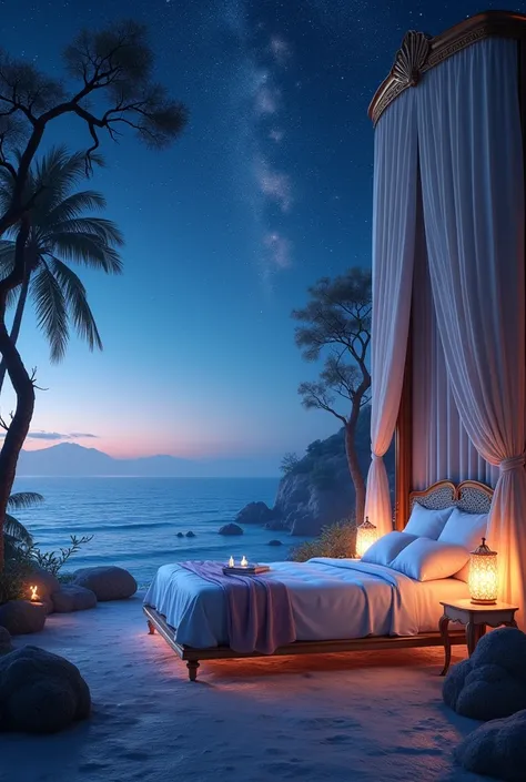 Gorgeous seaside bedroom。A beautiful and fantastical world with stars twinkling in the night sky。unmanned