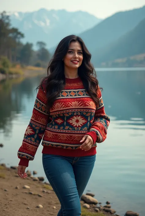 a short and curvy busty beautiful Indian woman with large breasts wearing a beautiful sweater and denims walks near dal lake in Kashmir