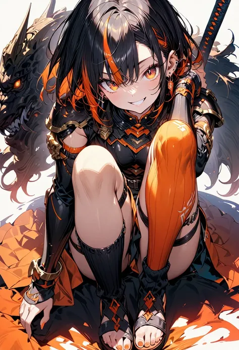 (masterpiece),(best quality),(ultra-detailed),(best illustration),(best shadow),(absurdres),(detailed background),(very aesthetic), score_9, score_8_up, 1girl, solo, multicolored-hair, smile, black-armor, sandals, grin, short-hair, thigh-strap, two-tone-or...