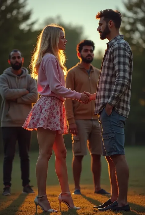 professional photographic shot of an angry couple standing in a park in the evening, full body shot, low angle view from below, the woman is beautiful and blonde, she is eighteen years old and has a cute face, she is very aroused, she has long flowing hair and very large breasts, she is wearing a pink sweater and pink floral miniskirt, her skirt is very loose and short, a high wind blows up her skirt, the woman wears high heels, the woman is shouting at her boyfriend, her boyfriend is a blonde white nerd in his fifties, her boyfriend is wearing a check shirt and cargo shorts, he is arguing with the woman, he is angry, two dark skinned Arab men stand watching the couple, the men wear hooded sweatshirts and jeans, the men are angry with the couple, the men are touching their crotches