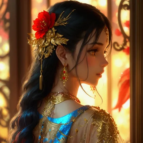 long wavy hair, adorned with gold hair accessories and red flowers, wearing a glittering blue sequined top with intricate gold detailing, gold necklace with ornate designs, matching earrings, gold arm cuffs, smooth tan skin, indoor setting, colorful and ri...