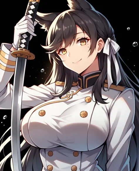 atago (azur lane), 1girl, solo, long hair, looking at viewer, smile, large breasts, black hair, long sleeves, animal ears, closed mouth, upper body, yellow eyes, hair ribbon, white gloves, holding weapon, water, mole under eye, buttons, swept bangs, milita...