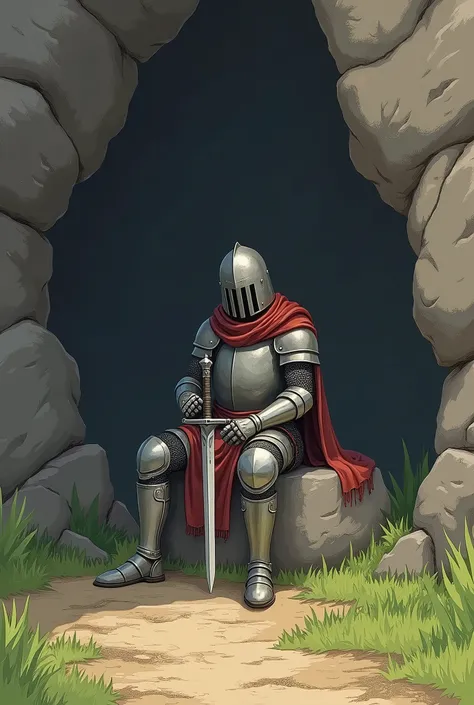 A medieval warrior sitting on a rock, in a cave, with light armor and a sword resting in his hand, with full helmet, in a simple fantasy drawing style. The background has a simple shadow texture. The soil is a simple mix of green grass and dirt., without c...