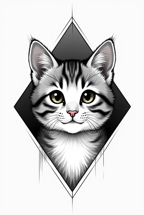 Get a black and white tattoo that contains the symbol of medicine, geometric shape and the face of a cat with the following characteristics: the cat&#39;s face is charming. He has a soft, fluffy coat, with a symmetrical color distribution. The area around ...