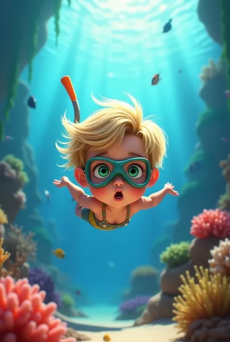 Disney pixar character, children,greeneyes, dark blonde hair snorkeling, Sob o Mar, animation, high qualiy  