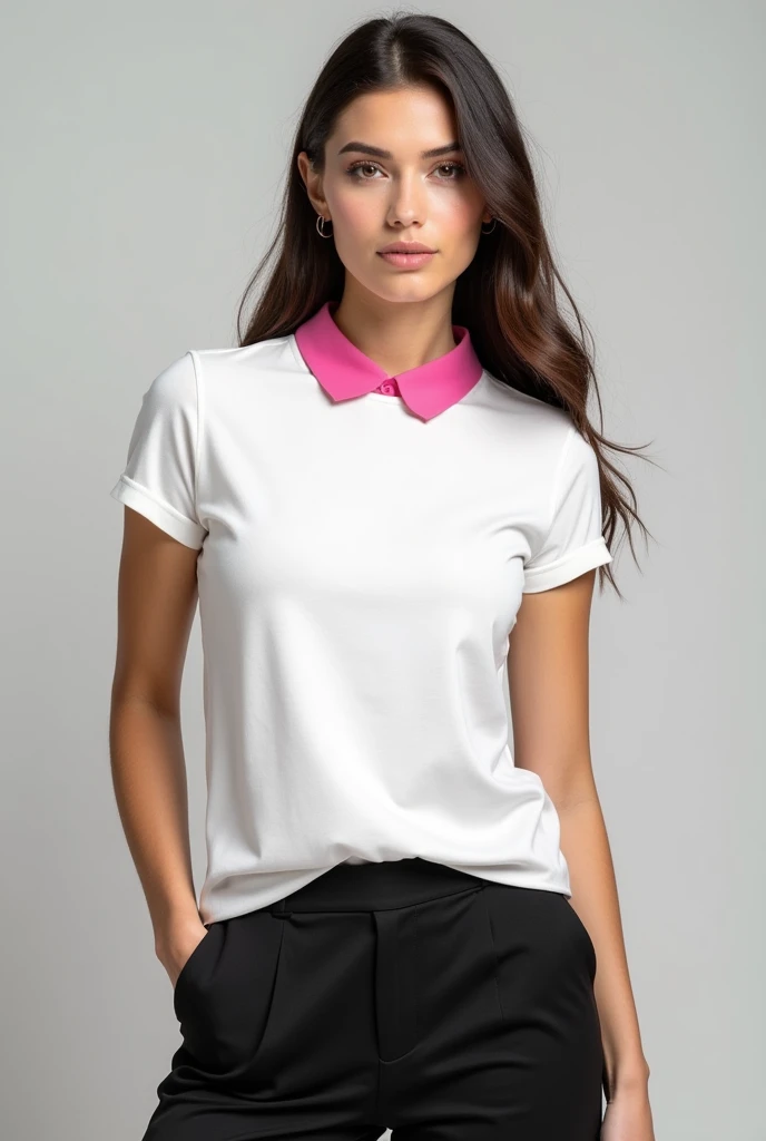 T-shirt model for uniform, with the main color white, and black and pink details, with space for logo on the chest