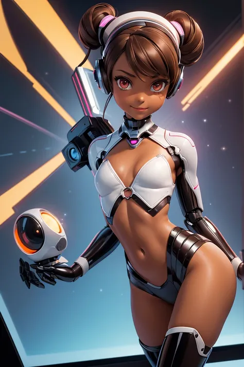 (masterpiece) (high Res), (robot), (Perfect face), (perfect anatomy) Television Head, girl() in super tight clothes, (bikini), pink glowing eyes, (flat chest:1.6), short, (((Brown skin))), black high heels, smiling, (TV Head), (tv girl), (Television Head),...