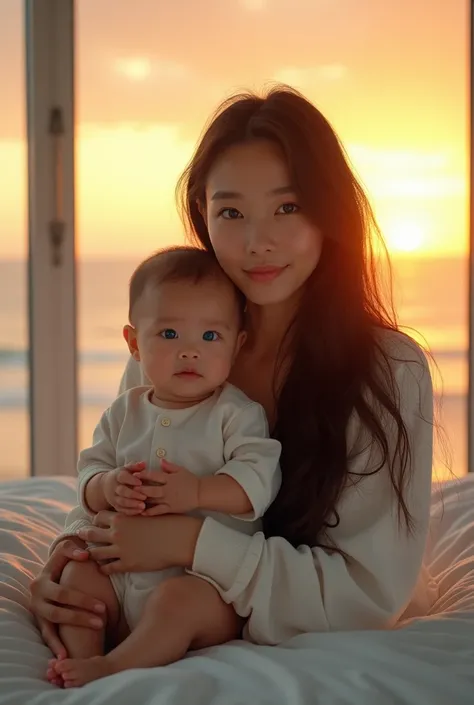 Japanese woman, very long hair, with blue eyes, very blue eyes, posing on bed, while holding a blue-eyed Chinese baby with sky-blue eyes, modern hotel room, on the beach, with sunset in the background, realistic 4k, 35mm, ray tracing, facing the camera