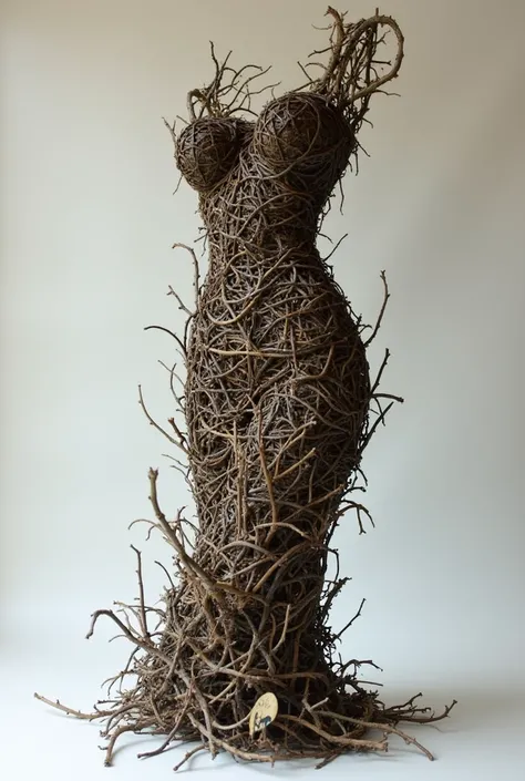 photo of pieces of small twigs of ramdom size and shape arranged into a beautiful statue decoration in the shape half body of a sexy woman