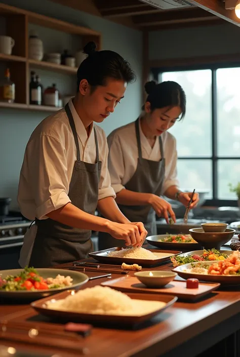 A Japanese adult couple cooks in the art of rog