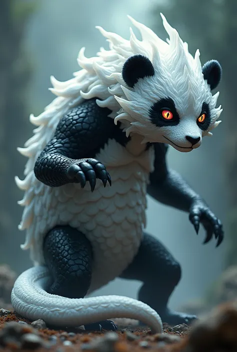 Create a quadruped black and white panda, Shikigami do mundo de jutsu kaisen, half white snake with pink eyes, He has 2 more eyes, one red and the other yellow, besides the two normal pink eyes, monstr 