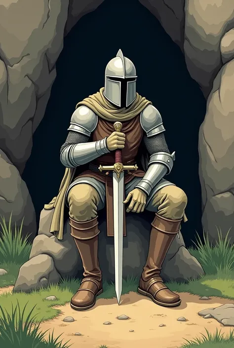 A medieval warrior sitting on a rock, in a cave, with light armor and a sword resting in his hand, with full helmet, in a simple fantasy drawing style. The background has a simple shadow texture. The soil is a simple mix of green grass and dirt., without c...