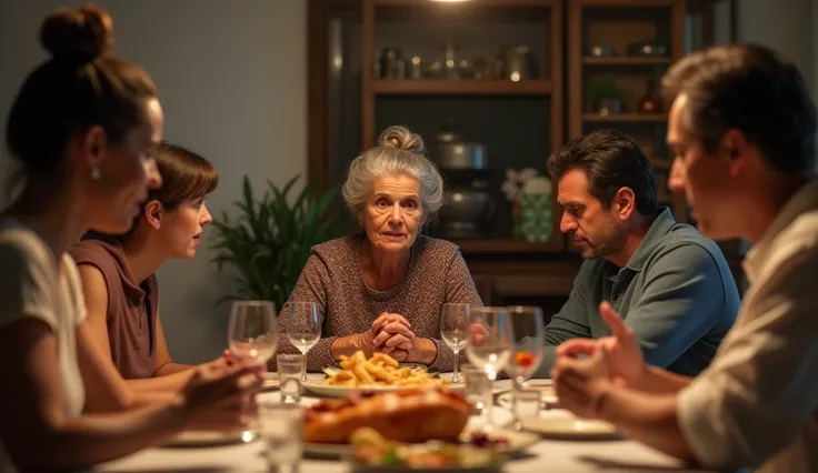 An elderly Latina woman with gray hair in a bun, medium brown skin, and brown eyes sitting at the head of the family table, her hands clasped in front of her, waiting for the reactions after announcing her pregnancy. A 6 man with short gray hair sits besid...