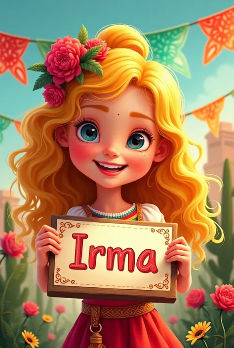 Profile picture, Mexican animated girl with blonde curls, Celebrating Mexico with a sign that says IRMA 